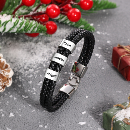 Personalized Men's Bracelet with Custom 2 Names Braided Leather Bracelet Set with Gift Box Valentine’s Day Gift for Him | Jessemade