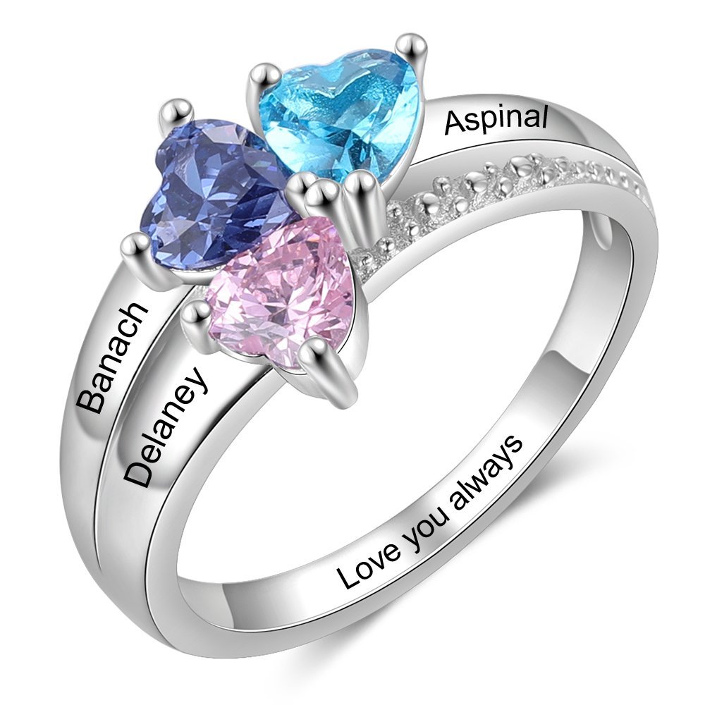 Personalized 3 Birthstones Mothers Ring With Names Gifts For Her
