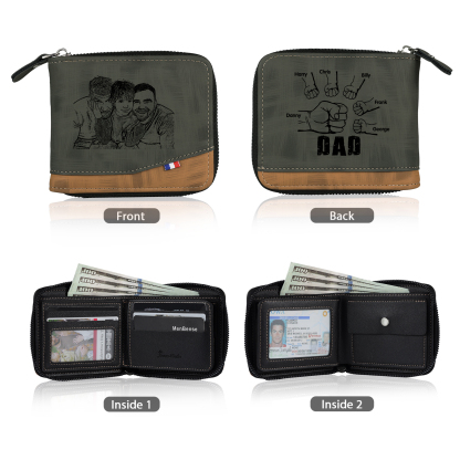 6 Names - Personalized Photo Custom Leather Men's Zipper Wallet as a Father's Day Gift for Dad
