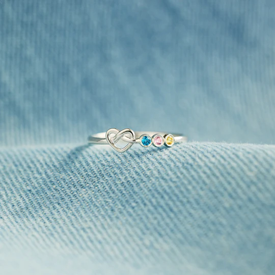 Family Ring Personalized 3 Birthstones Heart Knot Ring Band