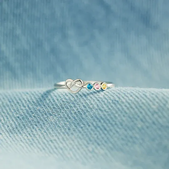 Family Ring Personalized 3 Birthstones Heart Knot Ring Band