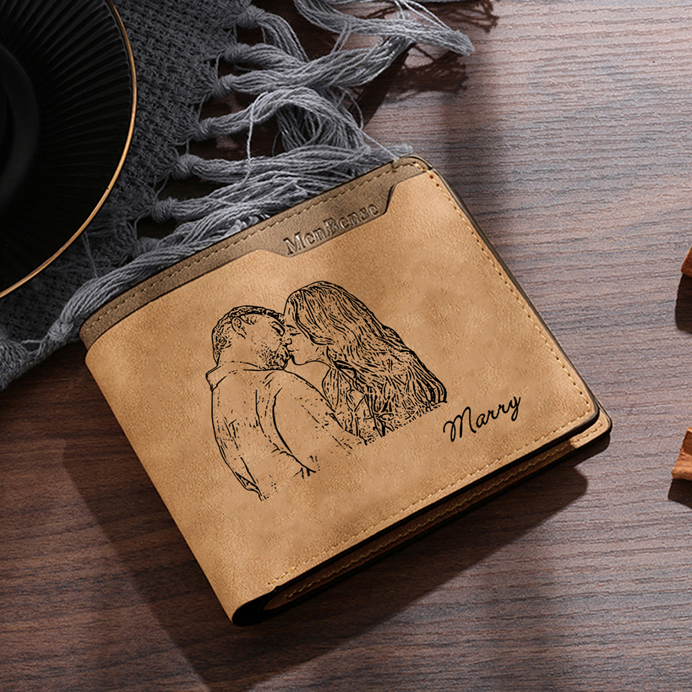 Personalized Photo Leather Men's Wallet Customized Name Letter Folding Brown Wallet For Couple
