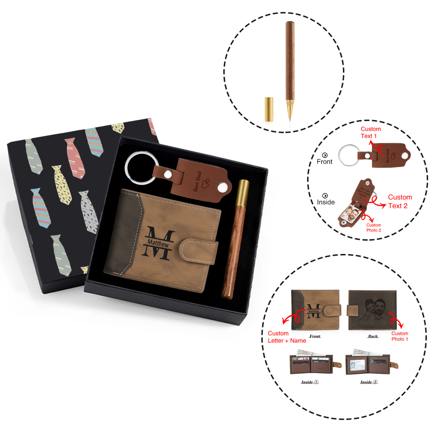 Personalized Leather Wallet Gift Box Set with Keychain Customizable Photo,Text ,Name and Letter Wallet Gift for Him