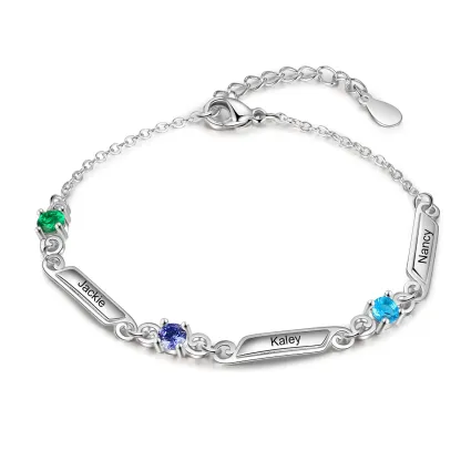 Personalized Family Name Bracelet With 1 Birthstones Engraved Names Gift For Her