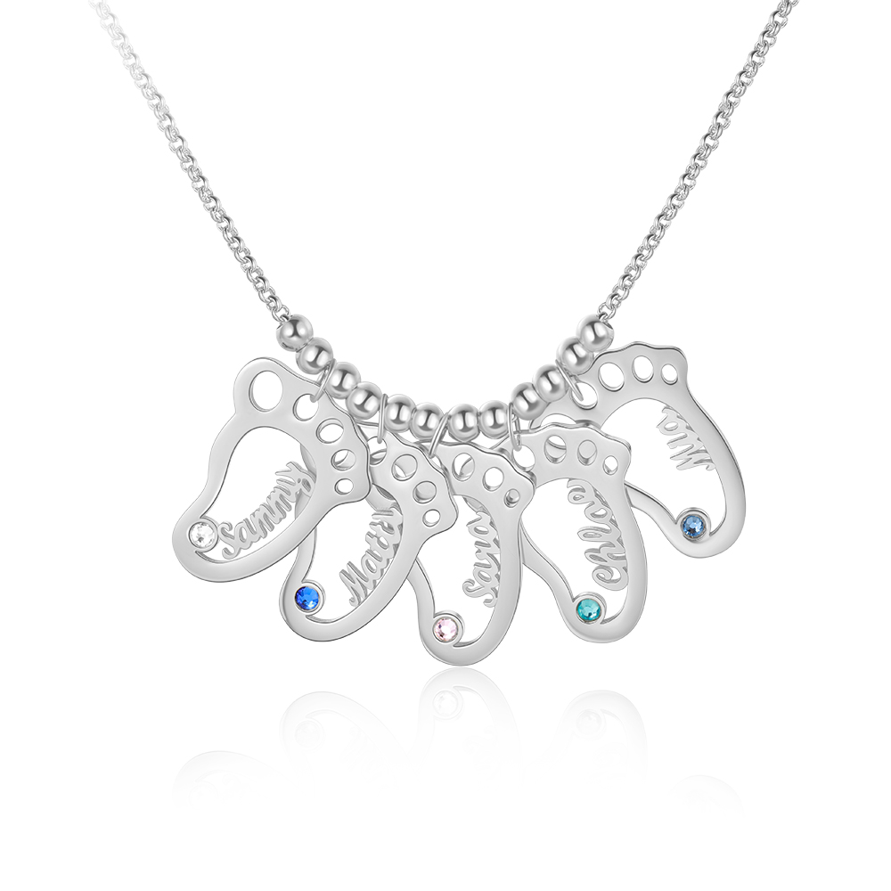 Personalized Baby Foot Engraved 5 Names Birthstones Necklace Gift For Mother