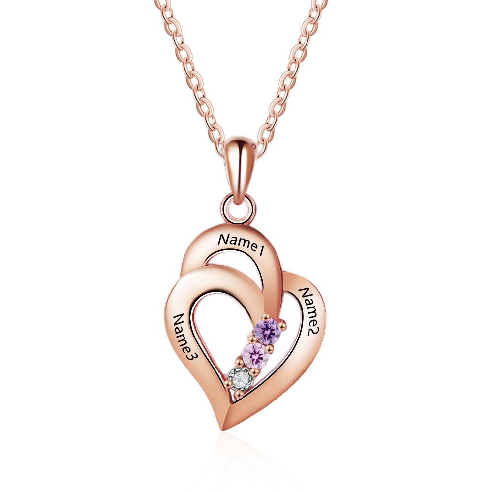 Personalized Heart S925 Necklace With 3 Birthstones Engraved Names Gift For Her