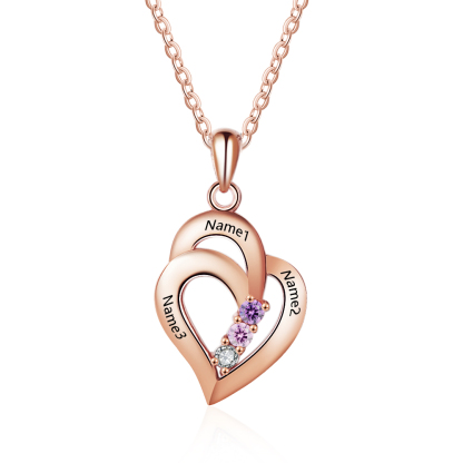 Personalized Heart S925 Necklace With 3 Birthstones Engraved Names Gift For Her