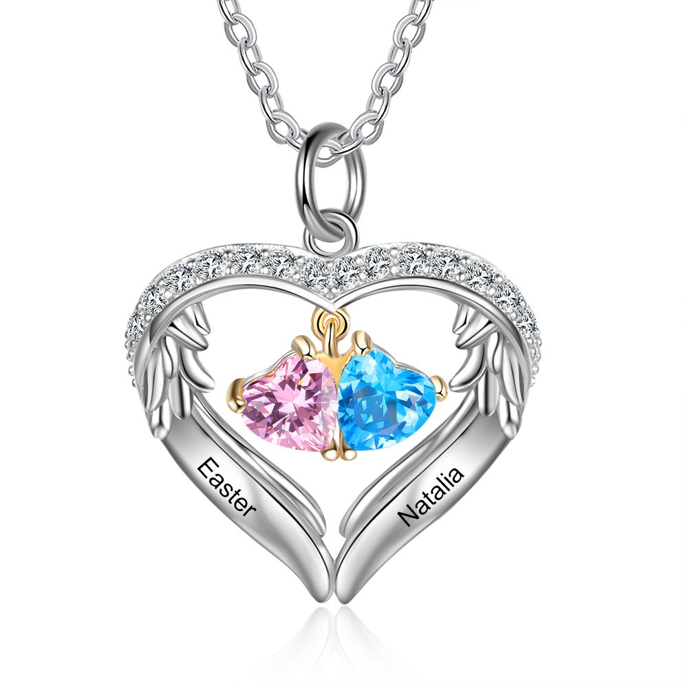 Personalized Wings S925 Silver Necklace With 2 Heart Birthstones Engraved Names Gift For Women