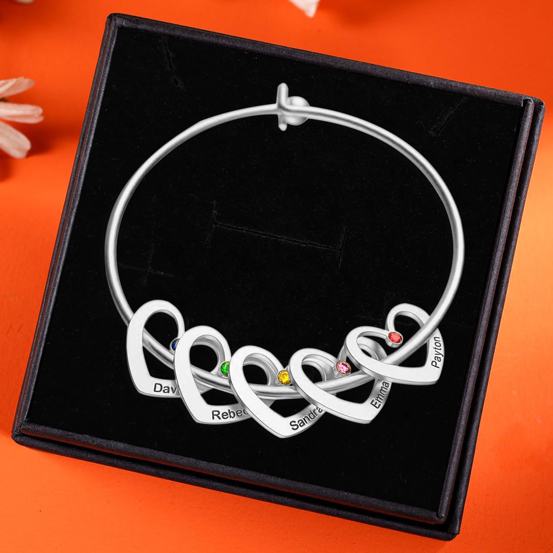 2 Names-Personalized Heart Bangle With 2 Names and Birthstones Bangle Bracelet Gifts For women