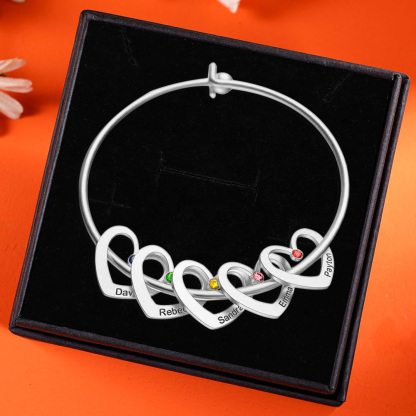 2 Names-Personalized Heart Bangle With 2 Names and Birthstones Bangle Bracelet Gifts For women