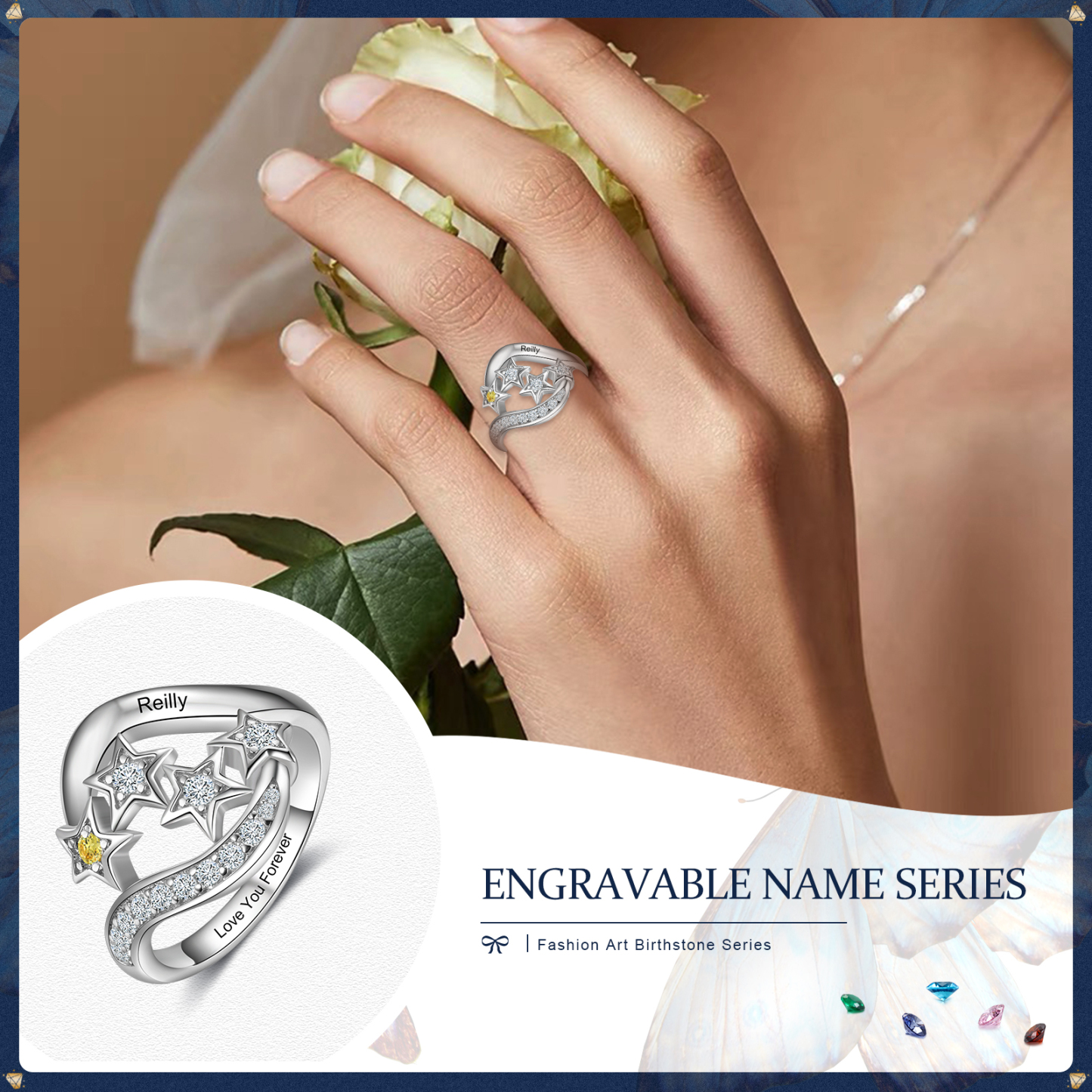 Personalized Star Ring With 1 Birthstone Engraved Names Ring Gift For Women