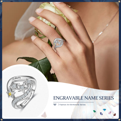 Personalized Star Ring With 1 Birthstone Engraved Names Ring Gift For Women