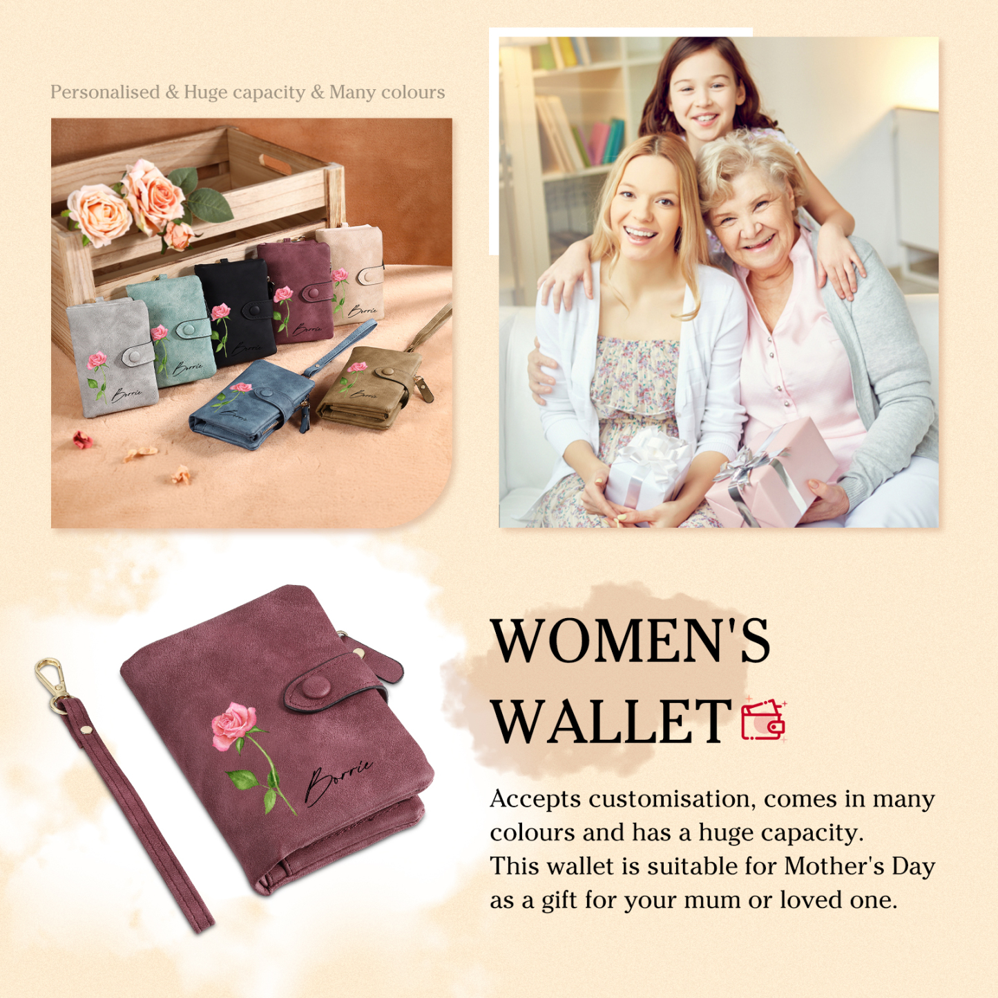 Purple Color Personalized Birthday Flower Leather Wallet Engraving Name Wallet Gifts for Women