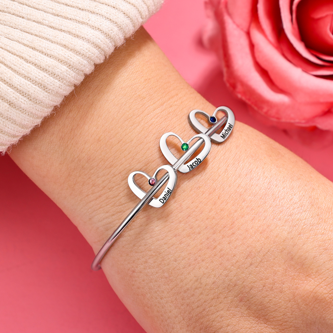 2 Names-Personalized Heart Bangle With 2 Names and Birthstones Bangle Bracelet Gifts For women