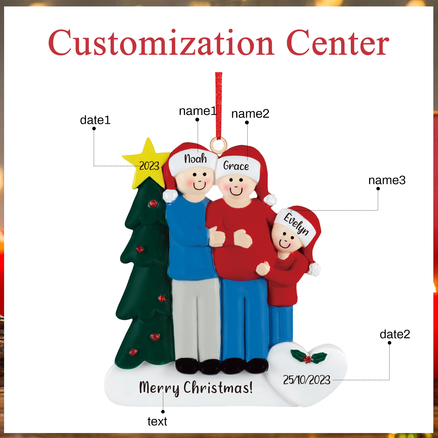 3 Names-Personalized Family Wooden Christmas Xmas Tree Decoration Ornament-Custom 3 Names And Dates Hanging Ornament Gifts For Family