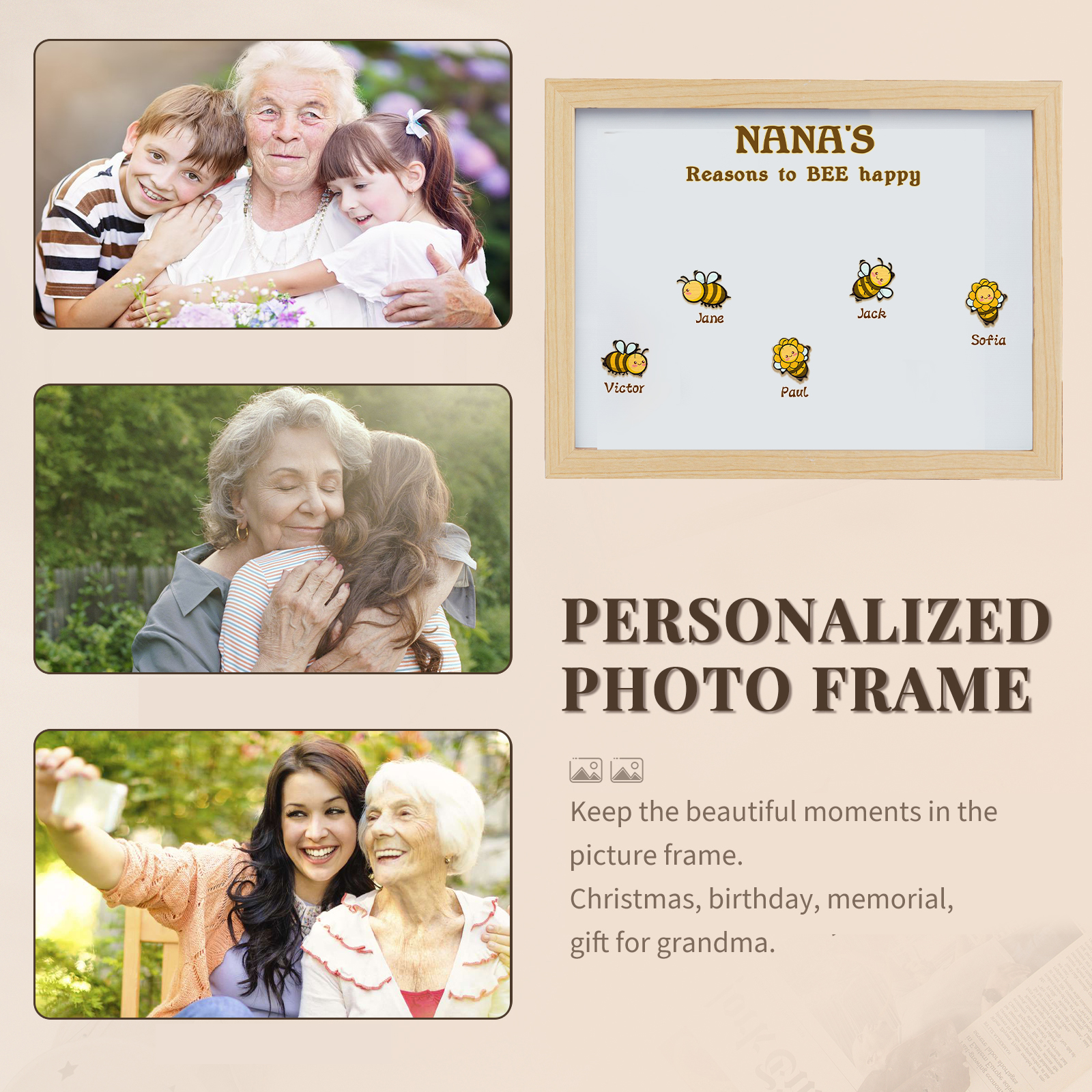 5 Names-Personalized Family Color Or Black And White Frame Custom 5 Names And Text LED Night Light