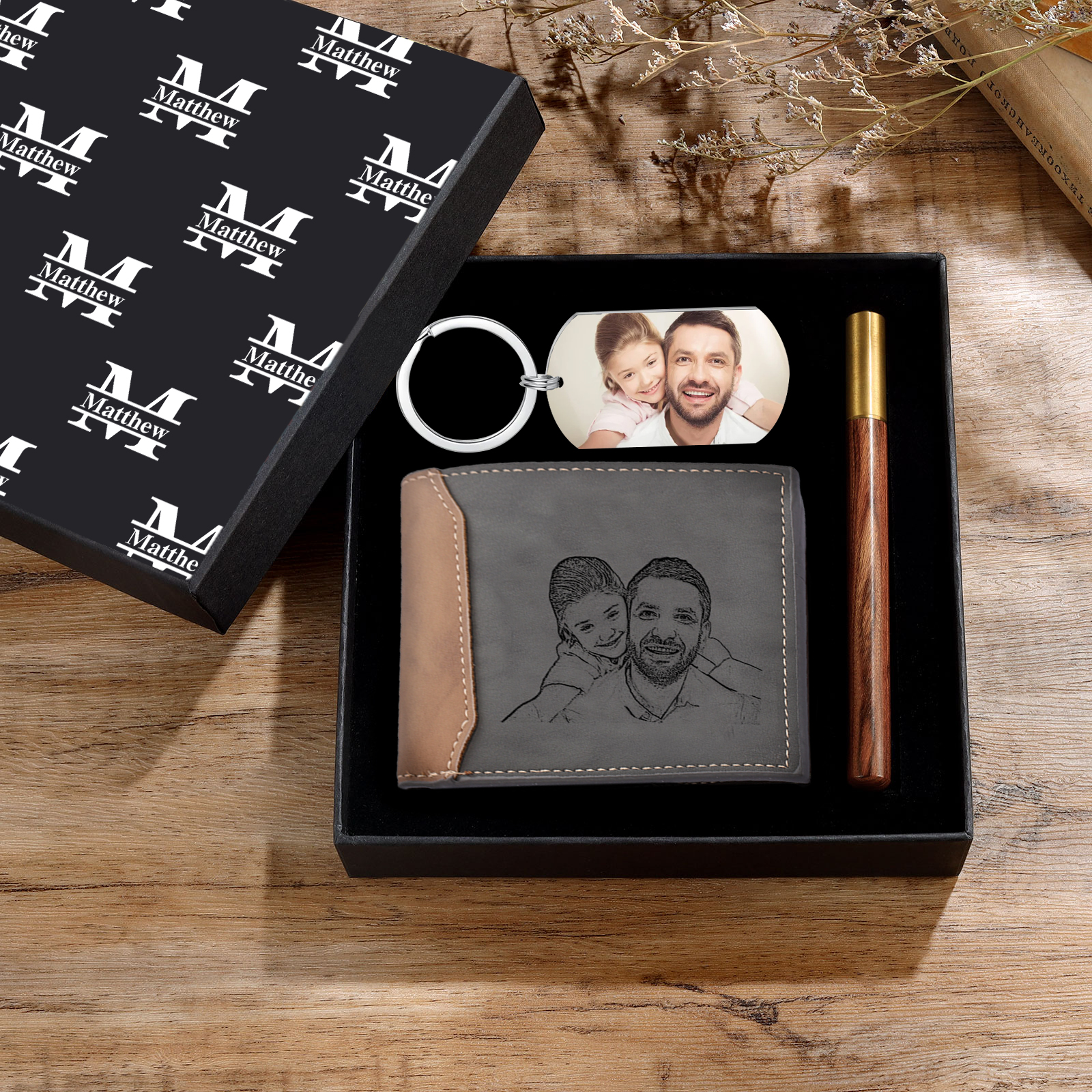 Photo Personalized Leather Wallet Gift Box Set with Keychain Customizable 2 Text, Name and Date Wallet Gift for Him