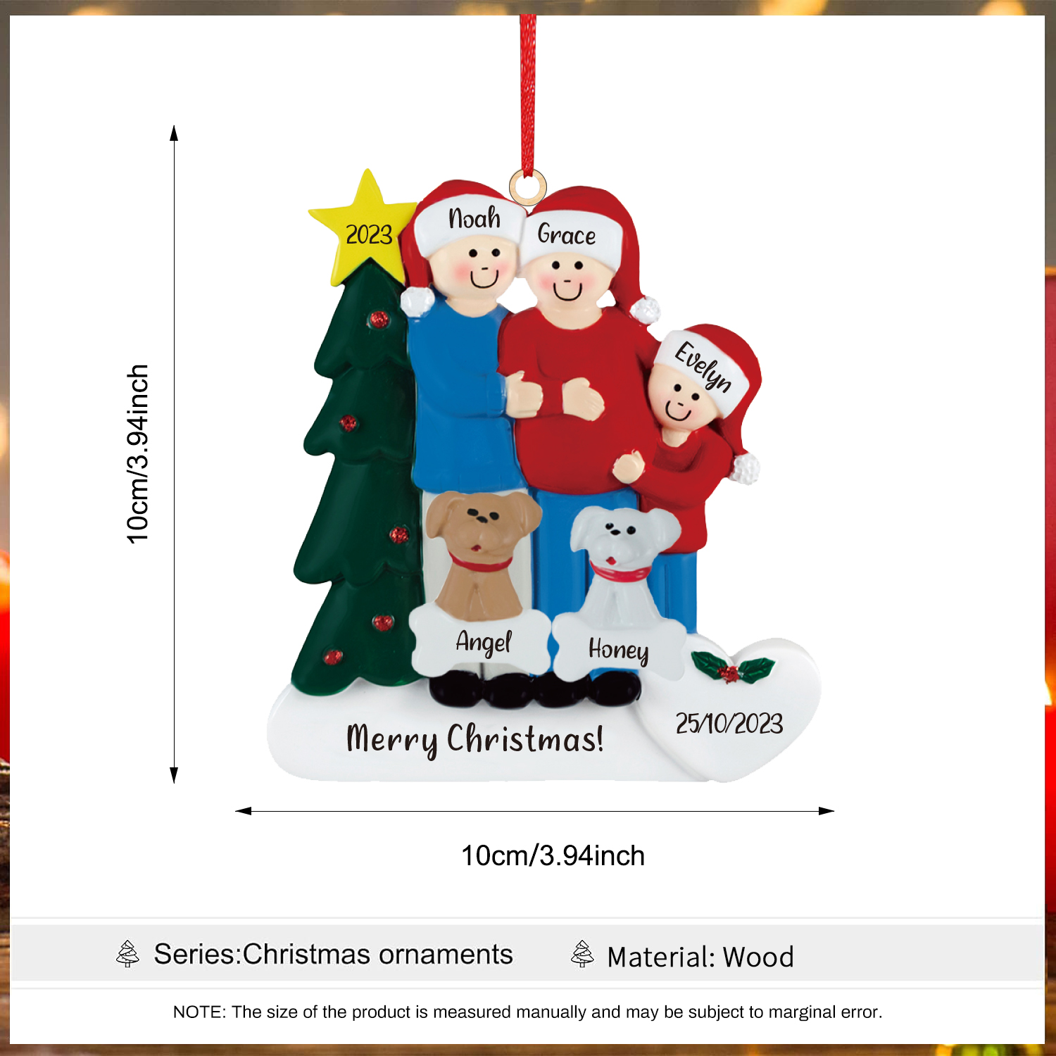 5 Names-Personalized Family Wooden Christmas Xmas Tree Decoration Ornament-Custom 5 Names And Dates Hanging Ornament Gifts For Family