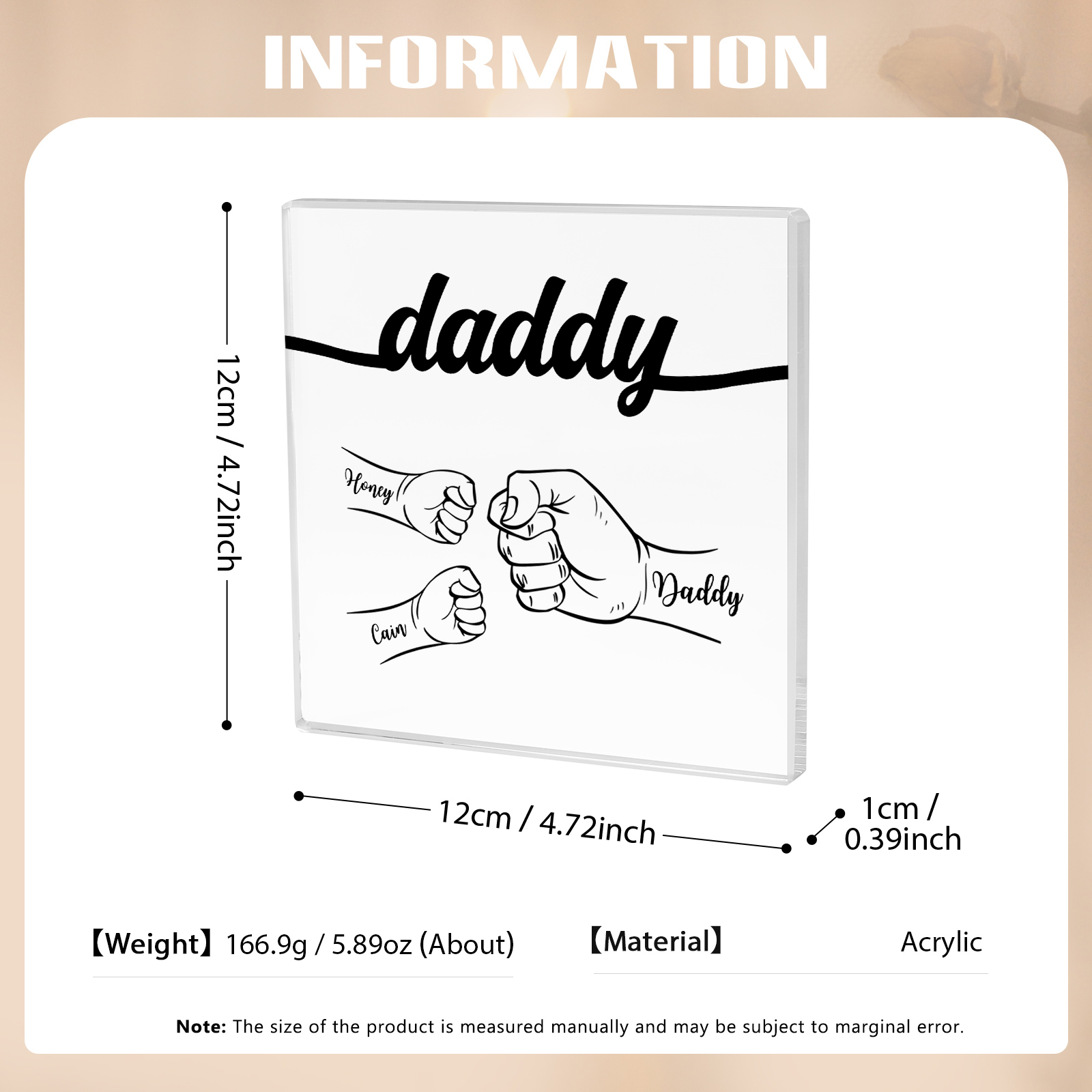 3 Names - Personalized Fist Acrylic  Keepsake Custom Text Acrylic Plaque Ornament Gift for Dad