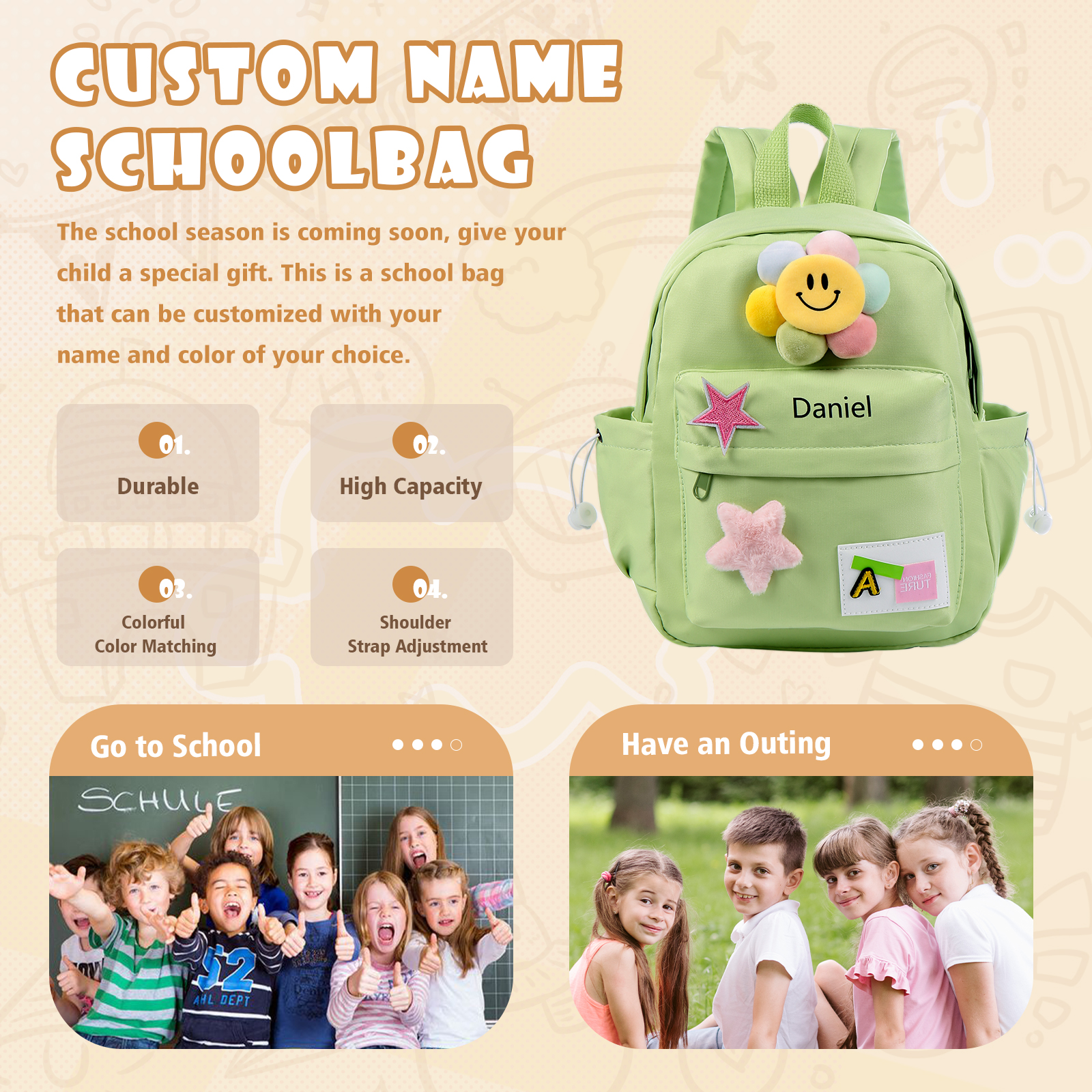 Personalized Nylon Polyester Children's Custom Name Backpack Back to School Gift