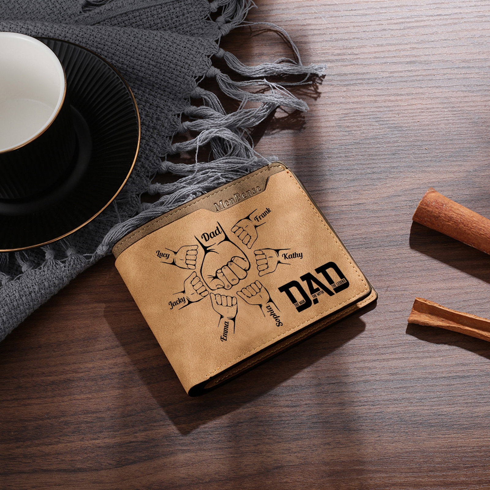 7 Names - Personalized Fist Bump Pattern Custom Name Leather Men's Wallet as a Father's Day Gift for Dad
