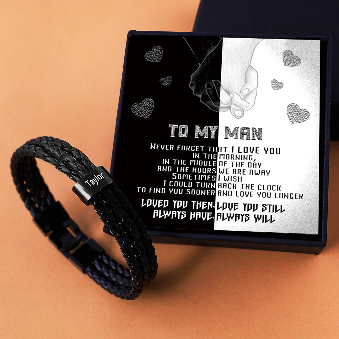 Personalized Braided Leather Bracelet Engraved 1 Name Men's Bracelet Gifts For Him