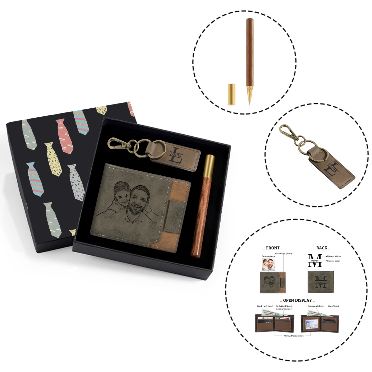 Personalized Leather Wallet Gift Box Set with Letter Name Keychain Customizable Photo Wallet Gift for Him