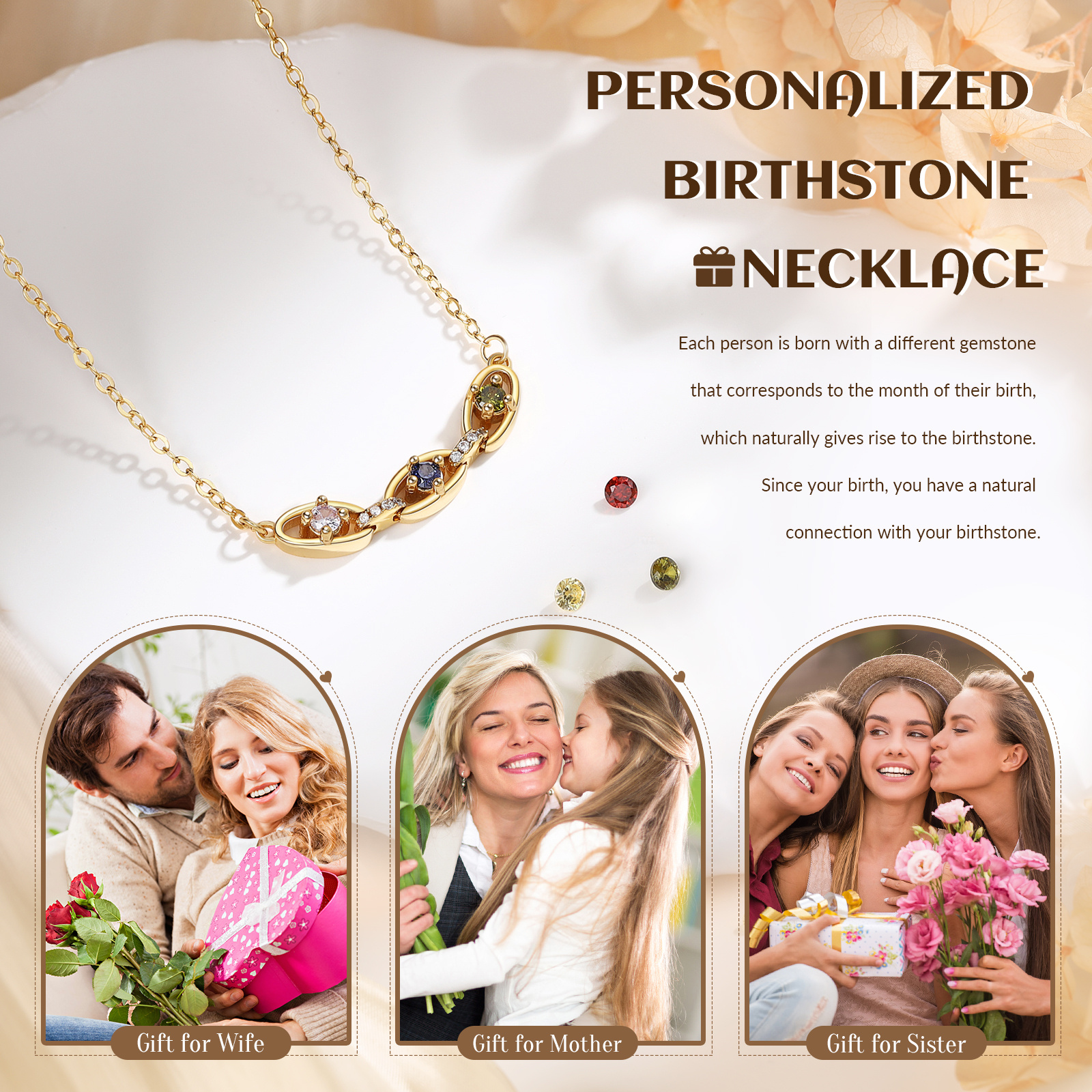 Personalized 2–5 Birthstones Gold Chain Necklace for Women