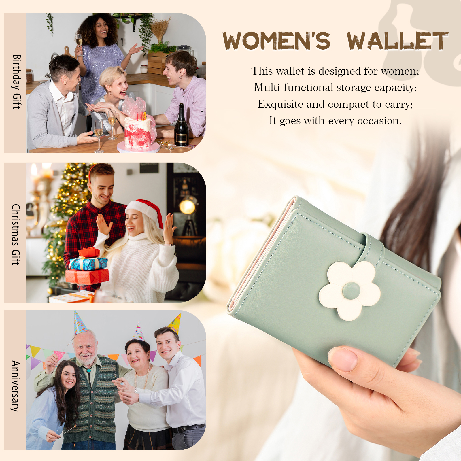 Women's Personalized Photo PU Leather Flower Wallet Coin Purse Four Colors Available Gift for Her