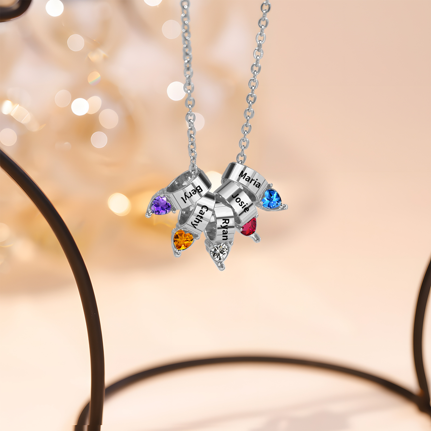 5 Names - Personalized Link Pendant Necklace with Customized Name and Birthstone Gift for Her