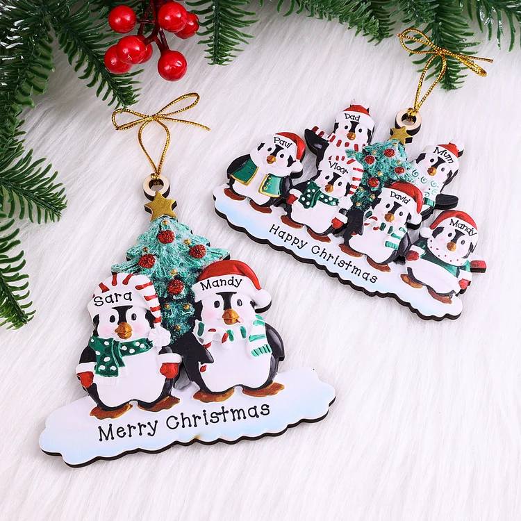 9 Names-Personalized Family Wooden Christmas Ornament-Custom 8 Names Hanging Ornament Gifts For Family-Winter Penguin Family