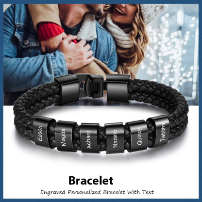 Customized Braided Leather Bracelet Engraved 6 Names Men's Bracelet for Him