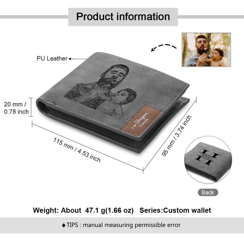 Personalized Leather Wallet Engraved Photo Short Purse Custom Folding Wallet Gifts For Grandpa