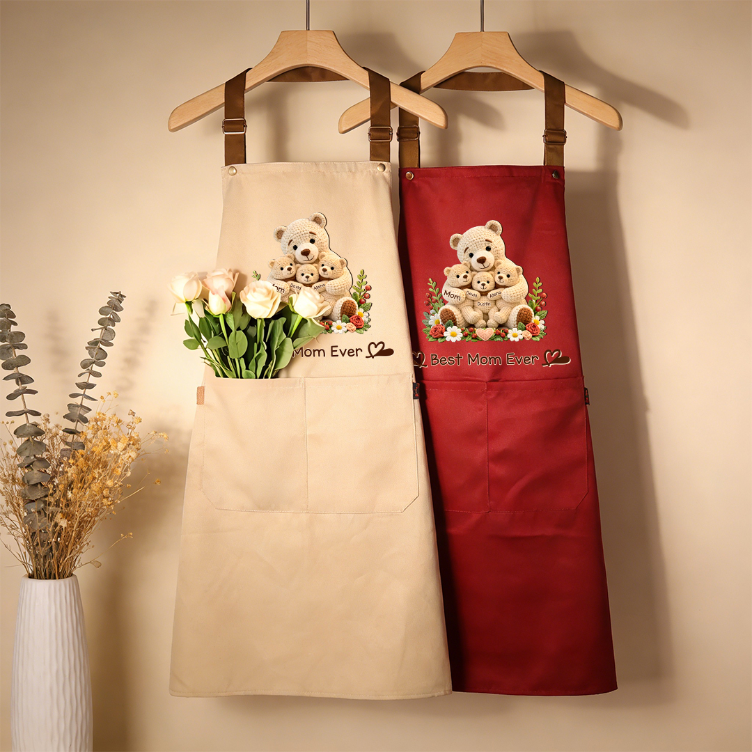 Personalized Cooking Apron With Pocket Customized With 1-10 Names And Teddy Bear