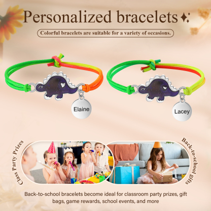 2 Pcs Personalized Name Color Changing Bracelets Cute Cartoon Animal Dinosaur Stretch Bracelet Set Back to School Gift for Girls