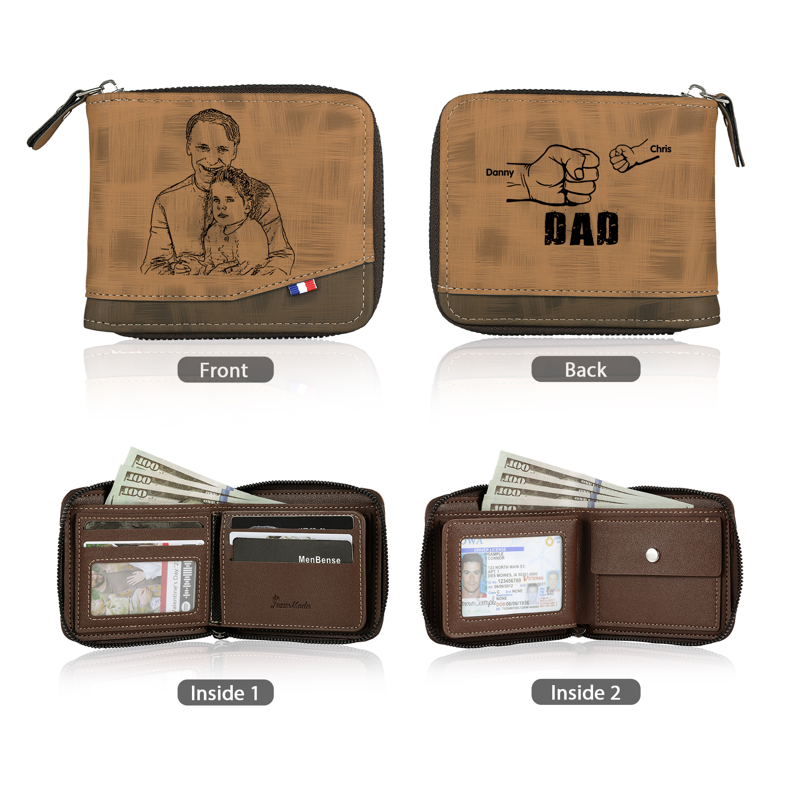 2 Names - Personalized Photo Custom Leather Men's Zipper Wallet as a Father's Day Gift for Dad
