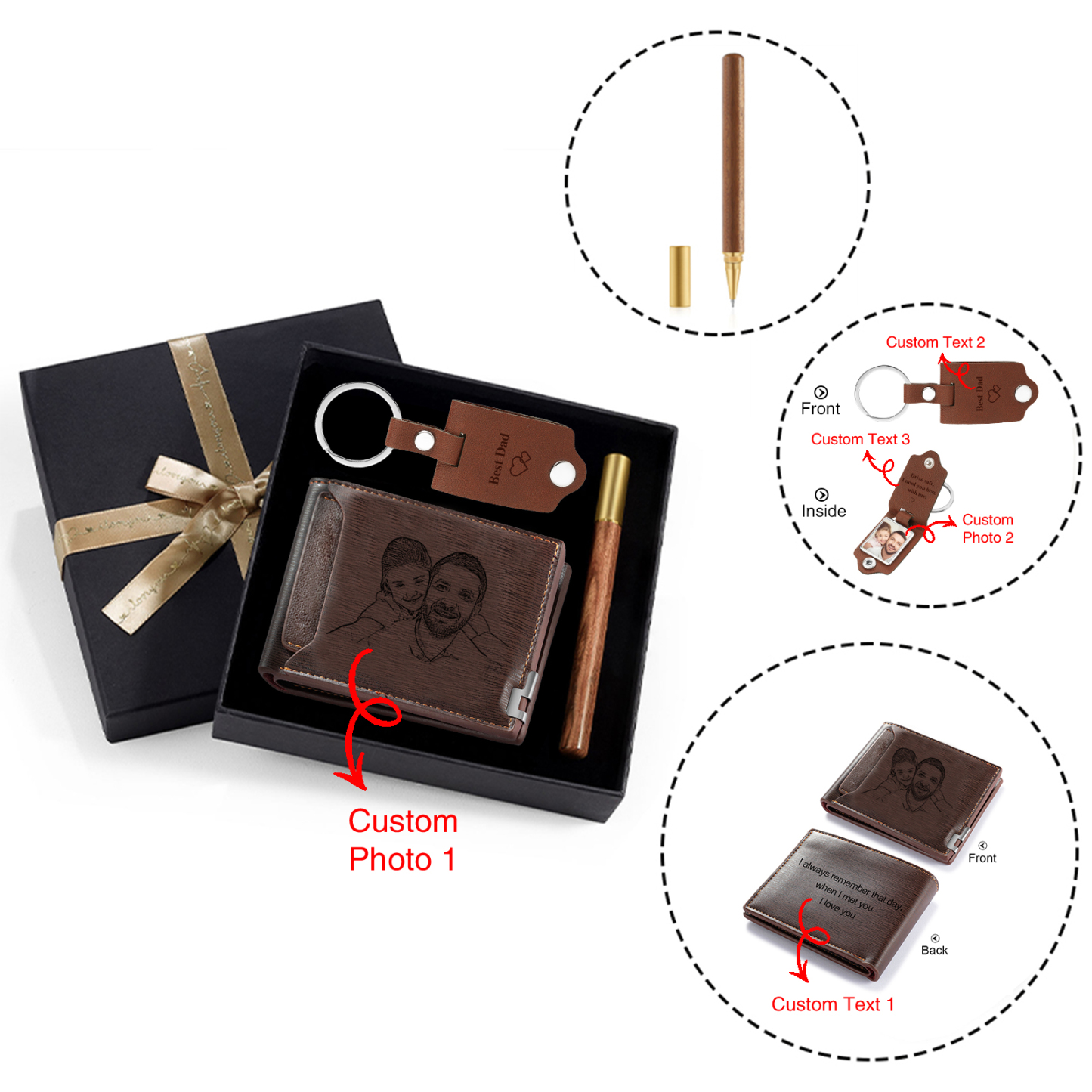 Personalized Leather Wallet Gift Box Set Keychain Strap Customizable 2 Photos and 3 Text Gift for Dad