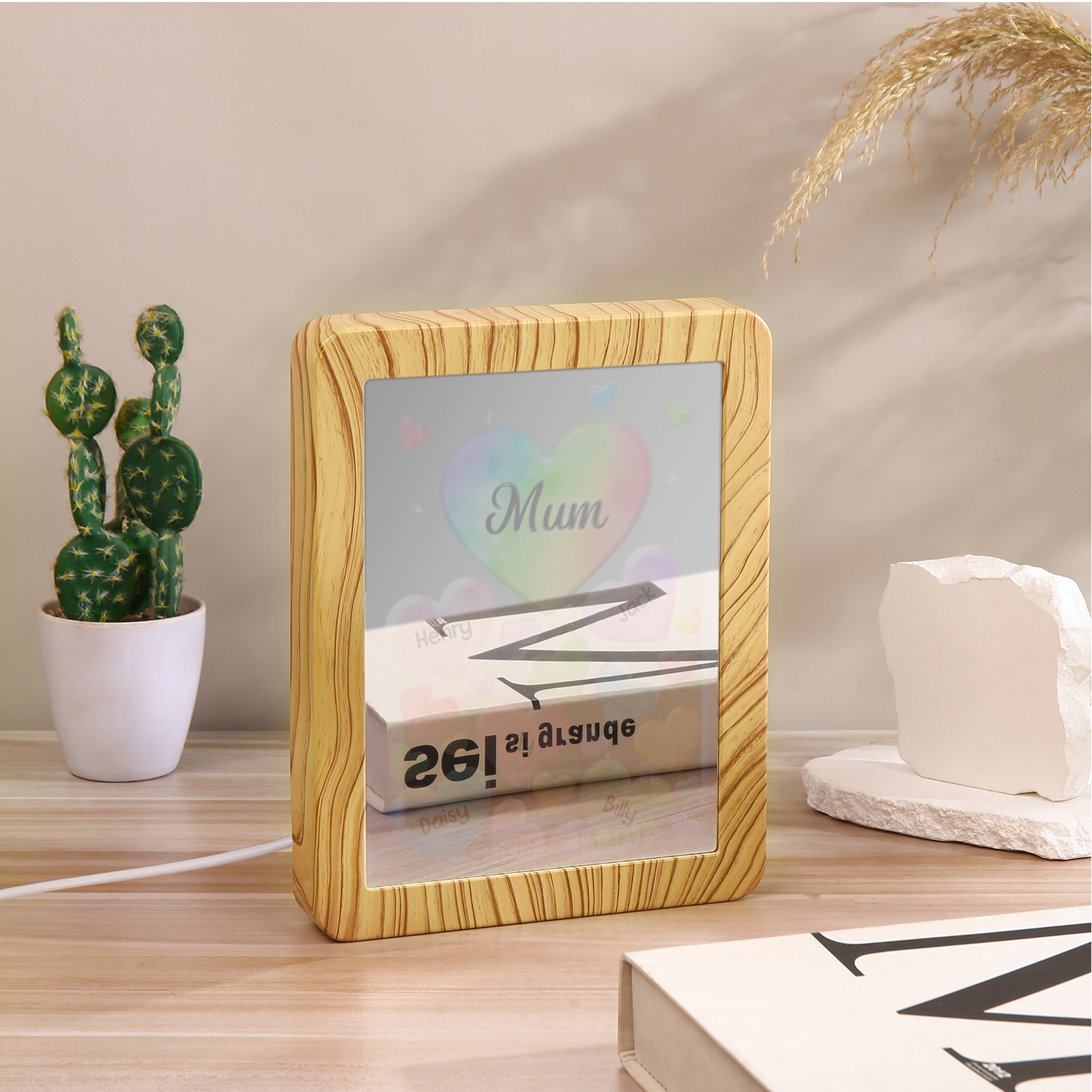 5 Names - Personalized Mom Home Wood Color Plug-in Mirror Photo Frame Custom Text LED Night Light Gift for Mom