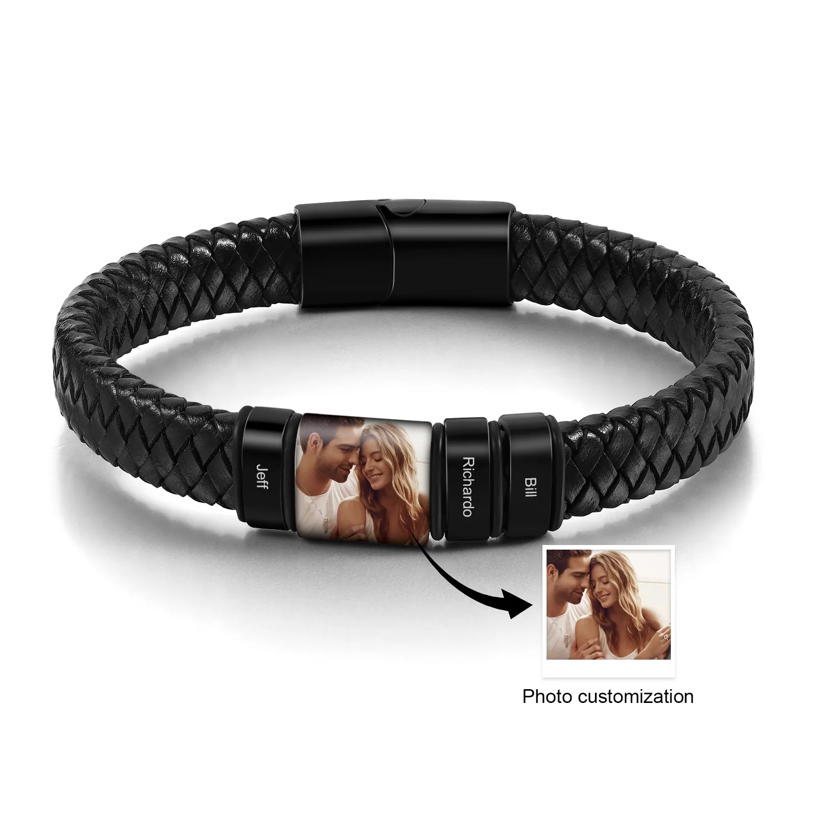 2 Names Personalized Customized Photo Stainless Steel Leather Bracelet Engraved Name Men's Bracelet Gift for Dad