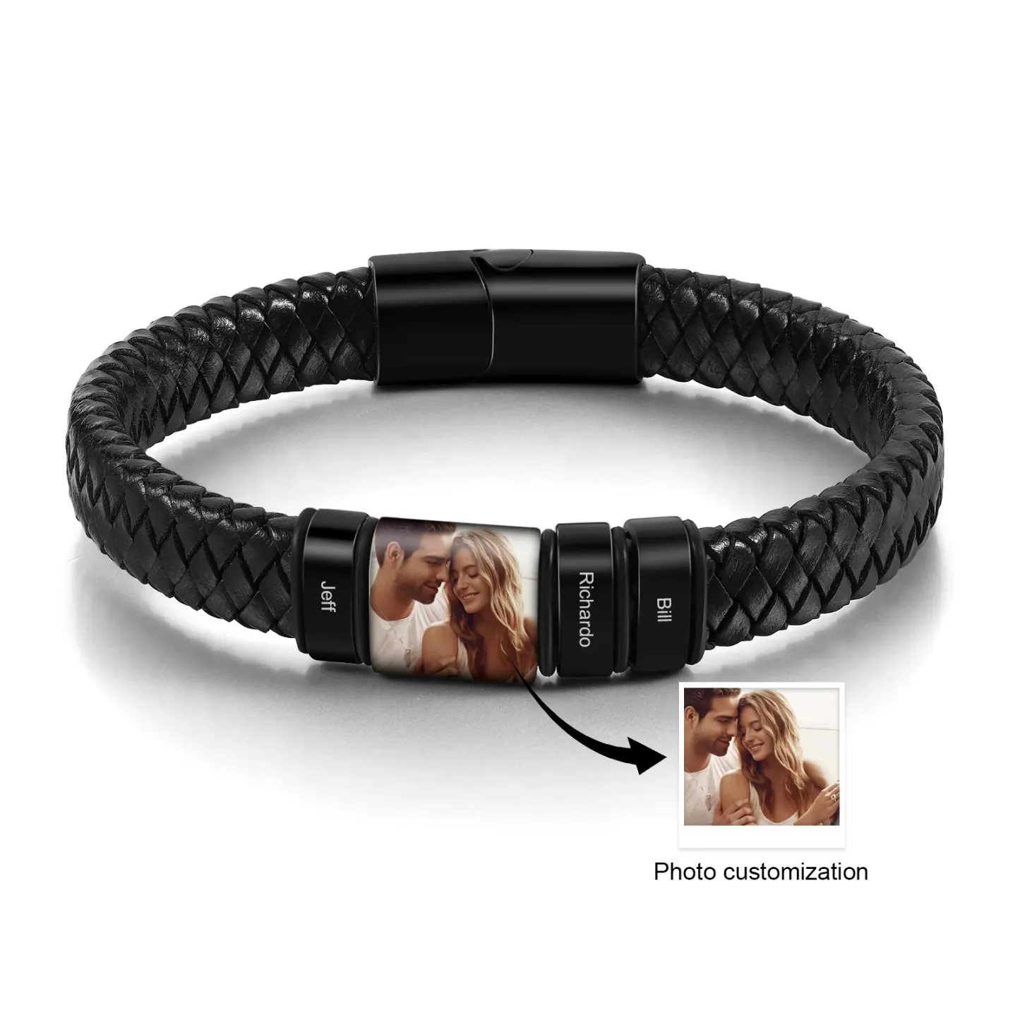 2 Names Personalized Customized Photo Stainless Steel Leather Bracelet Engraved Name Men's Bracelet Gift for Dad