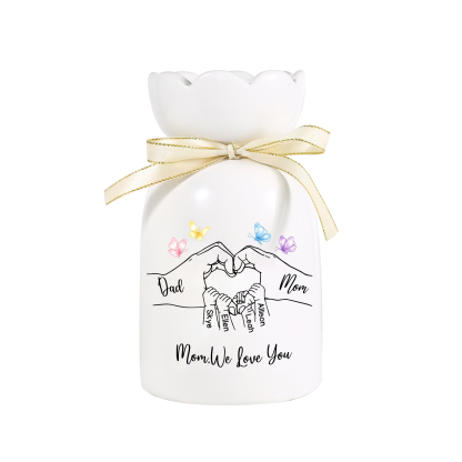 Personalized Ceramic Flower Vase Hand-In-Hand Family Motif Customized With 3-8 Names