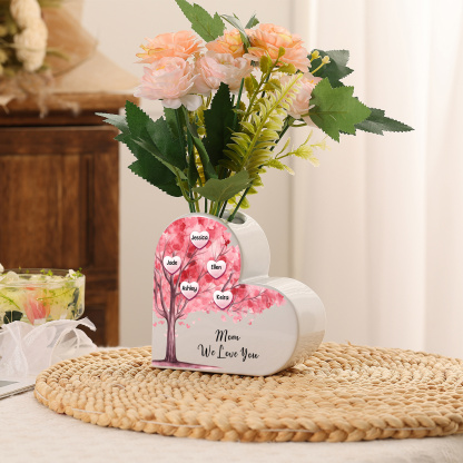 Personalized Heart Shaped Ceramic Vase With Pink Family Tree Customized With 1–12 Names