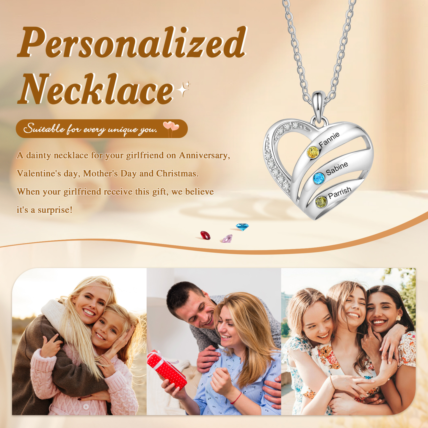 Personalized Heart Birthstones Necklace Customized With 3–5 Names And Stones