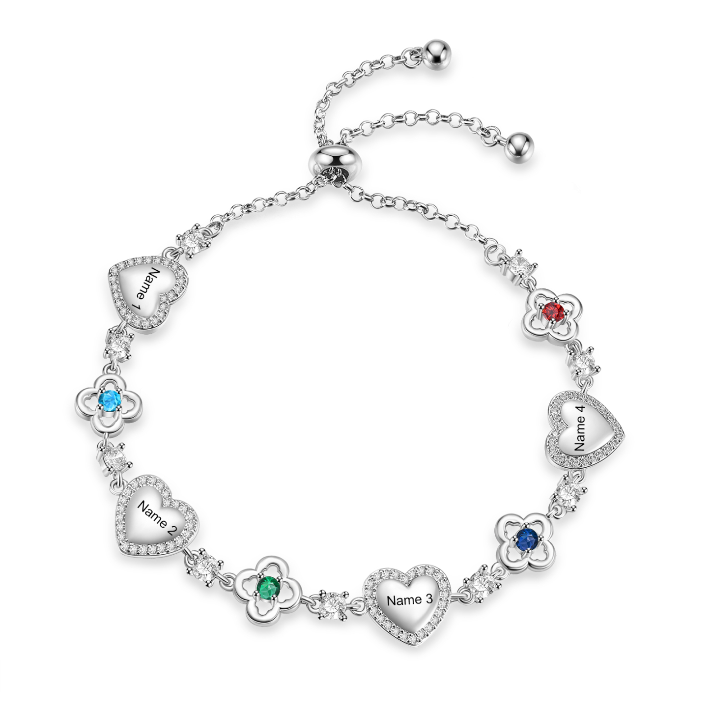 Personalized Birthstone Bracelet with Heart and Flowers Customized with 2–5 Names and Stones
