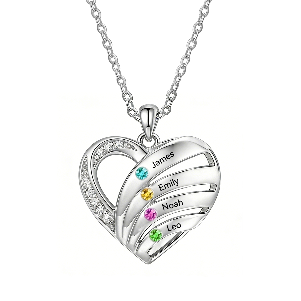 Personalized Heart Birthstones Necklace Customized With 3–5 Names And Stones