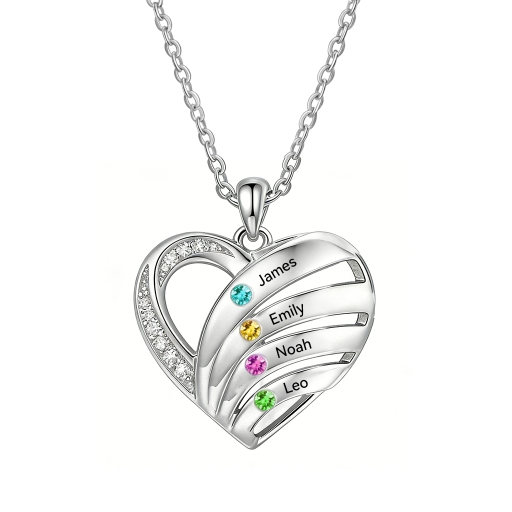 Personalized Heart Birthstones Necklace Customized With 3–5 Names And Stones