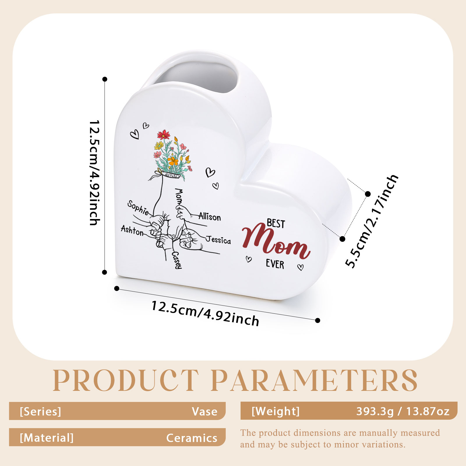 Personalized Heart Flower Vase “Best Mom/Grandma Ever” Custom 2–7 Names Ceramic Vase