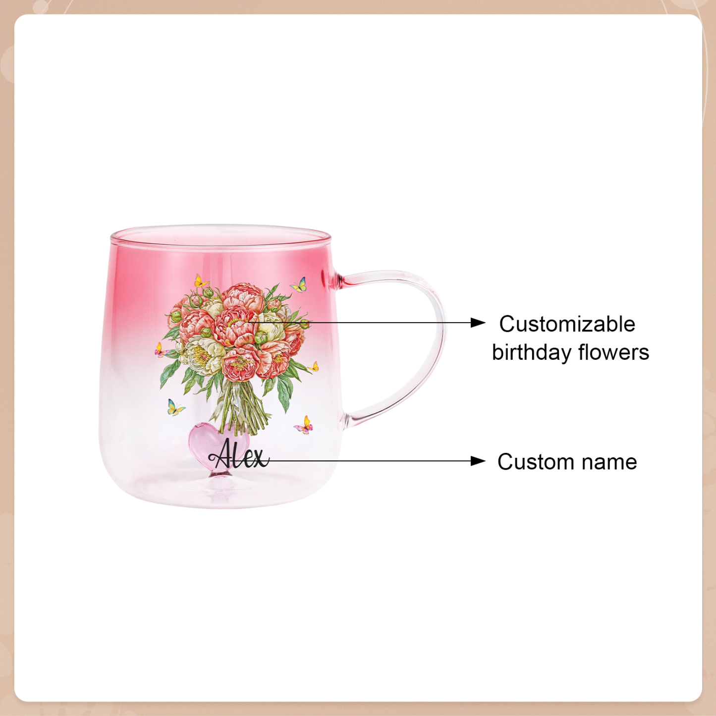 Custom Name Birth Flower Ombre Pink Glass Mug
