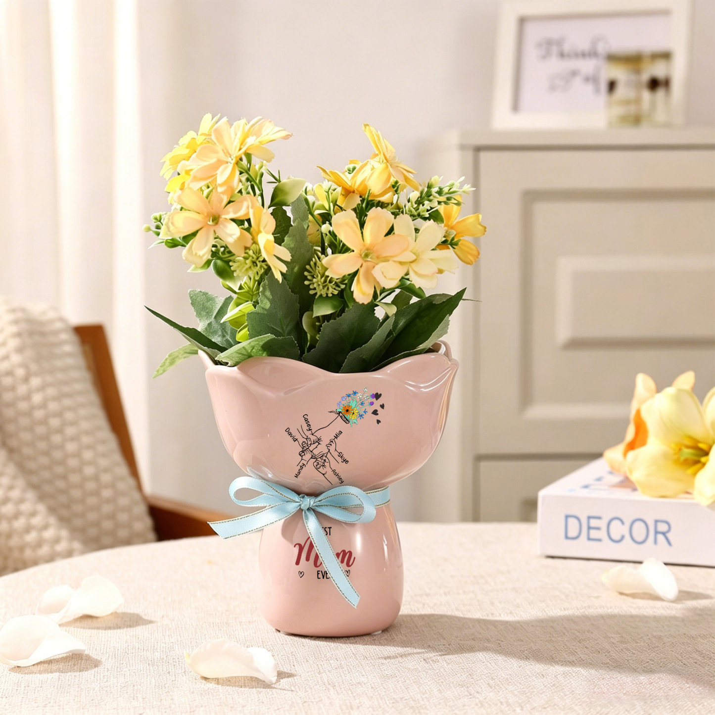 Personalized Ceramic Bouquet Flower Vase with Bow Best Grandma Ever