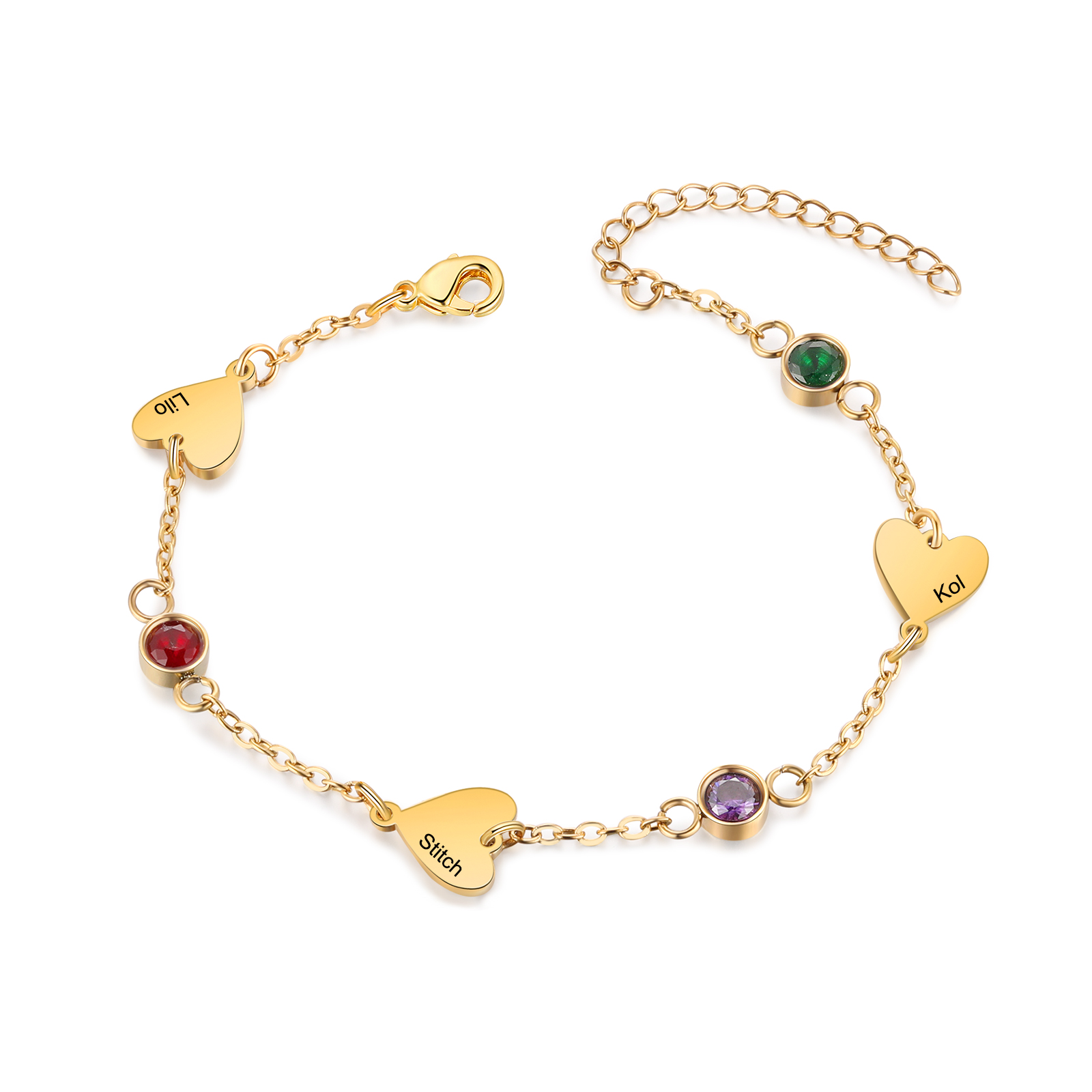 Personalized 1-5 Names Gold Heart Birthstone Chain Bracelet